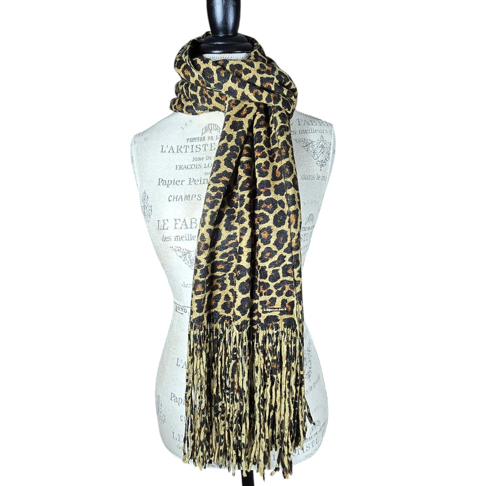 Michael Kors‎ Scarf Leopard Print Fringe 11"x44" Soft Acrylic Fleece